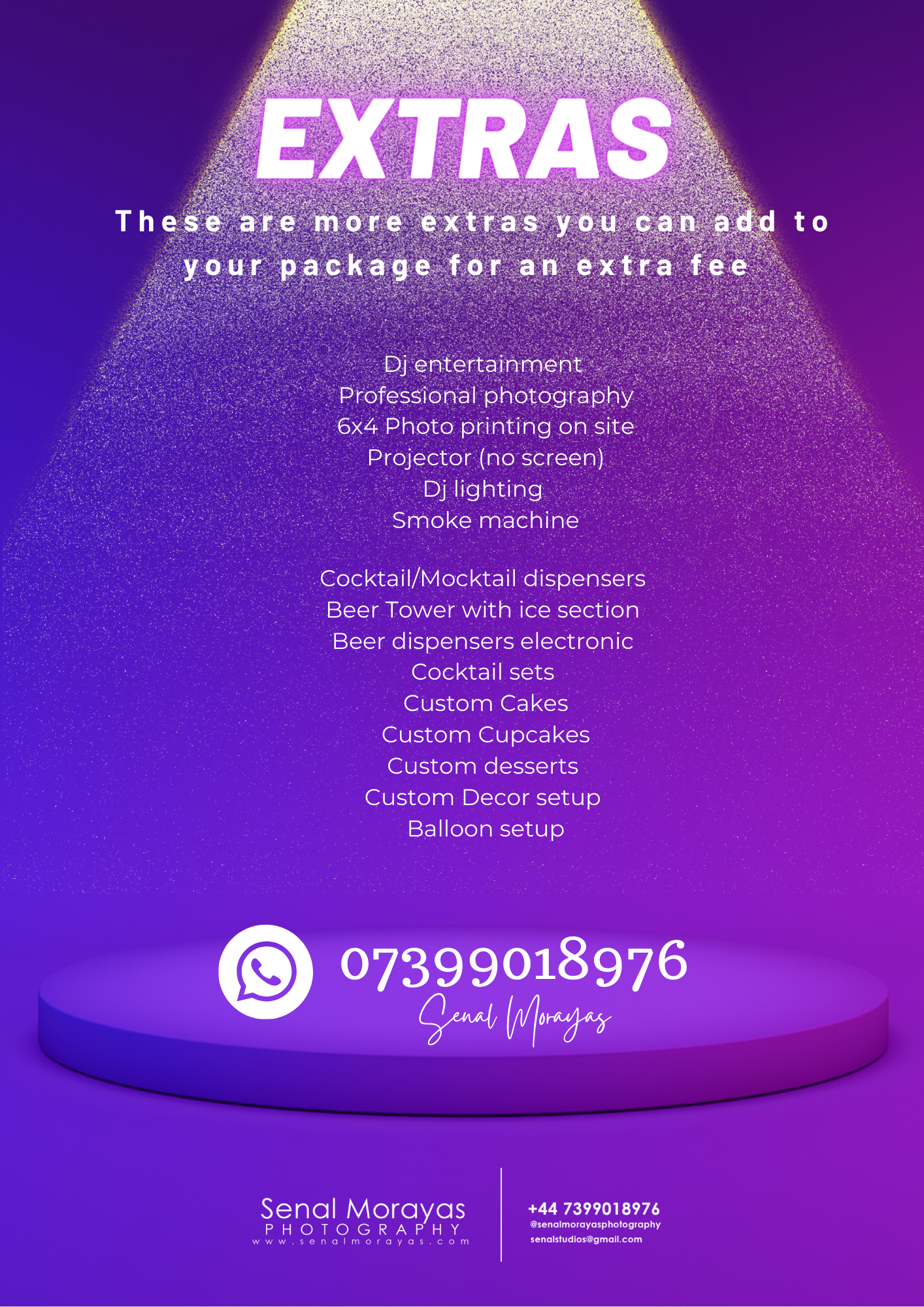 Purple gradient promotional image listing party entertainment extras and add-on services.