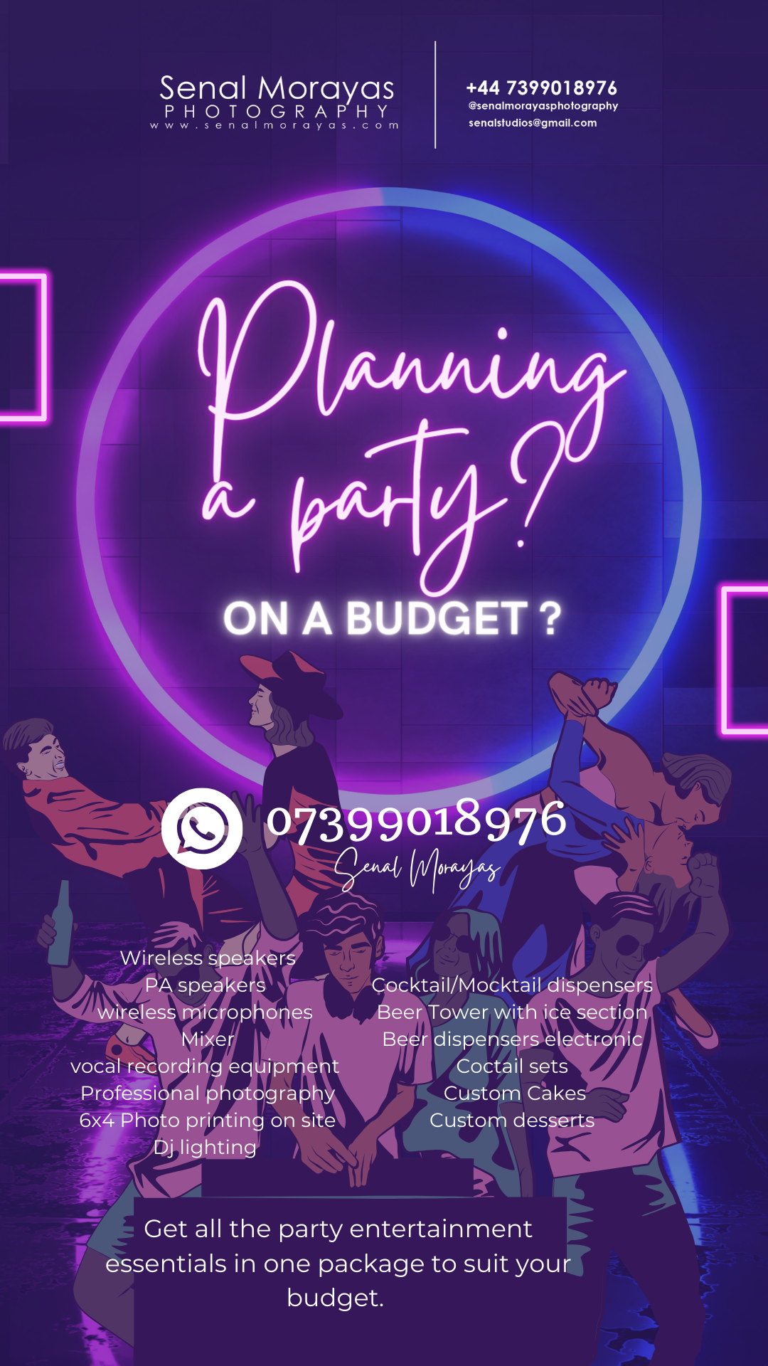 Neon-styled party planning advertisement with purple background and entertainment package details.