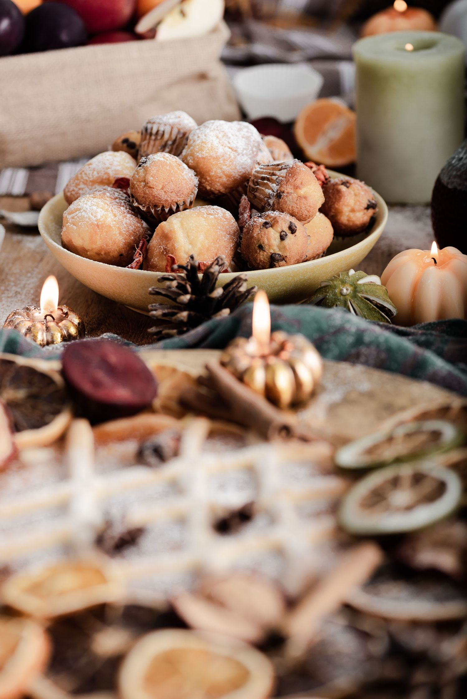 autumnal stock photo for harvest dining scene including cupcakes and candles, festive, cozy