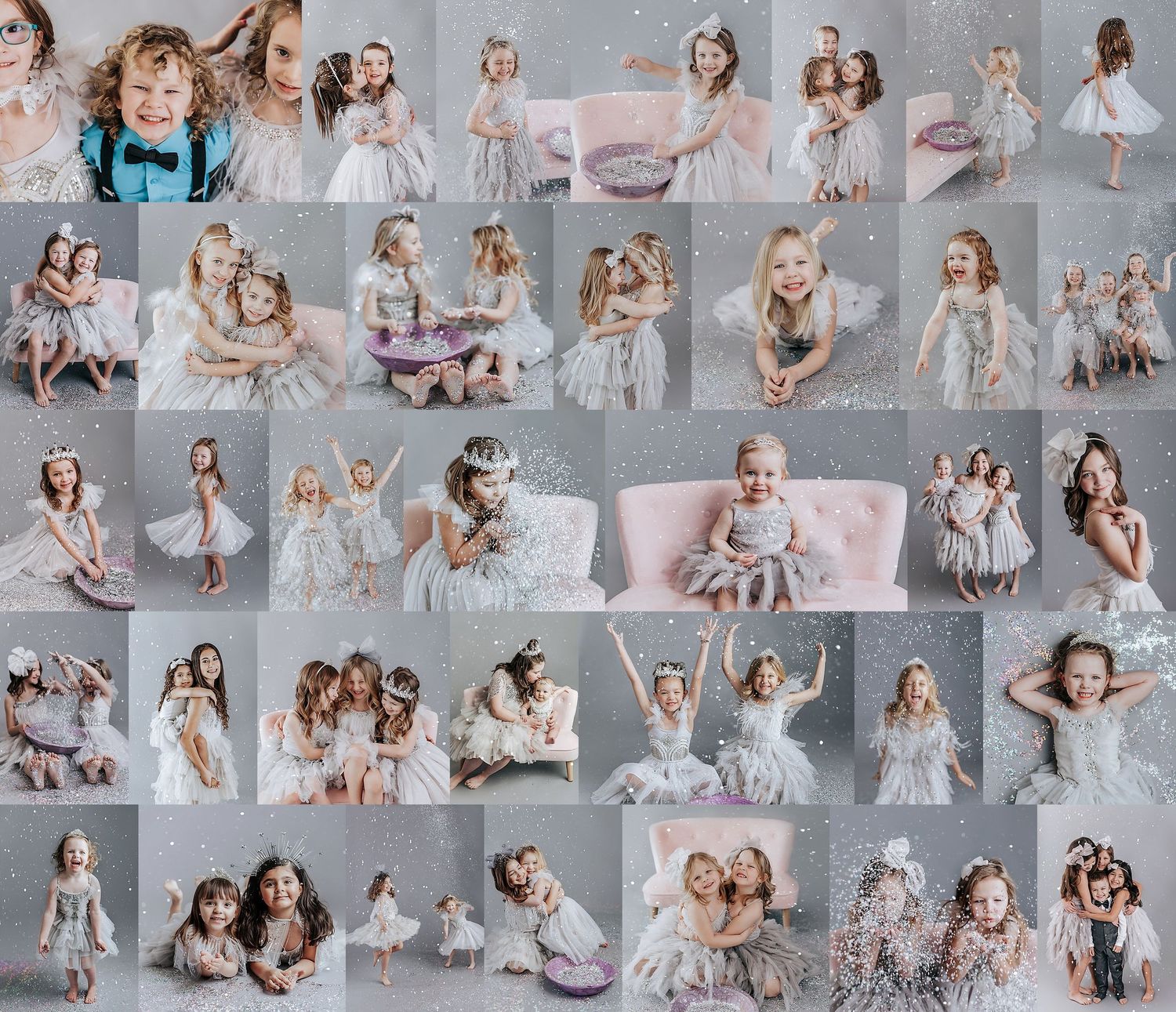 lots of little girls in gray princess dresses and tiaras playing with glitter