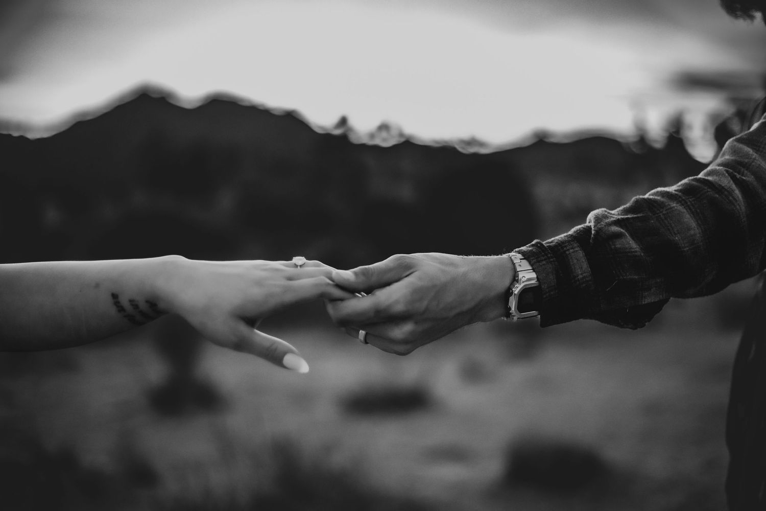 A black and white photo shows two hands reaching out and delicately touching in front of a blurred mountain landscape.