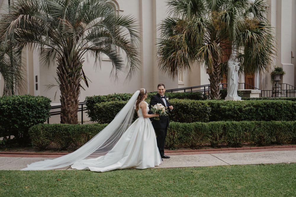 Bride and Groom walking outside by the Catholic Church , Augusta, Georgia