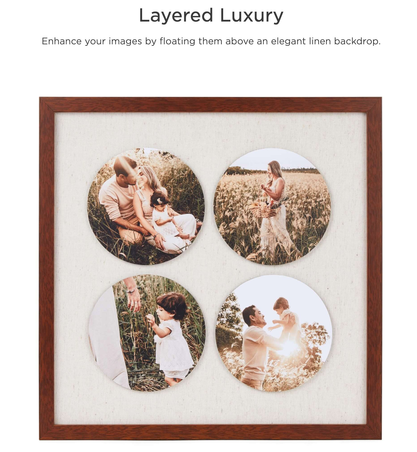 Brown wooden frame displaying four circular photos in a grid layout against white matting.