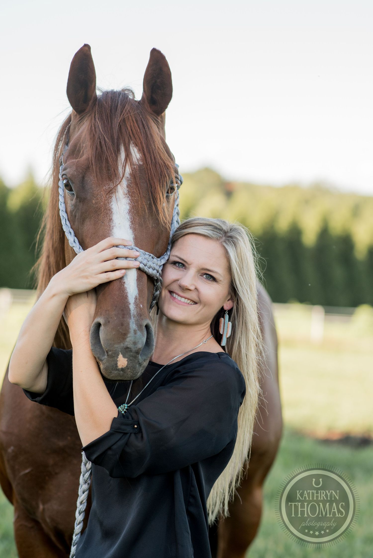 Beautiful brown horse with white blaze poses with companion in sunny outdoor field.