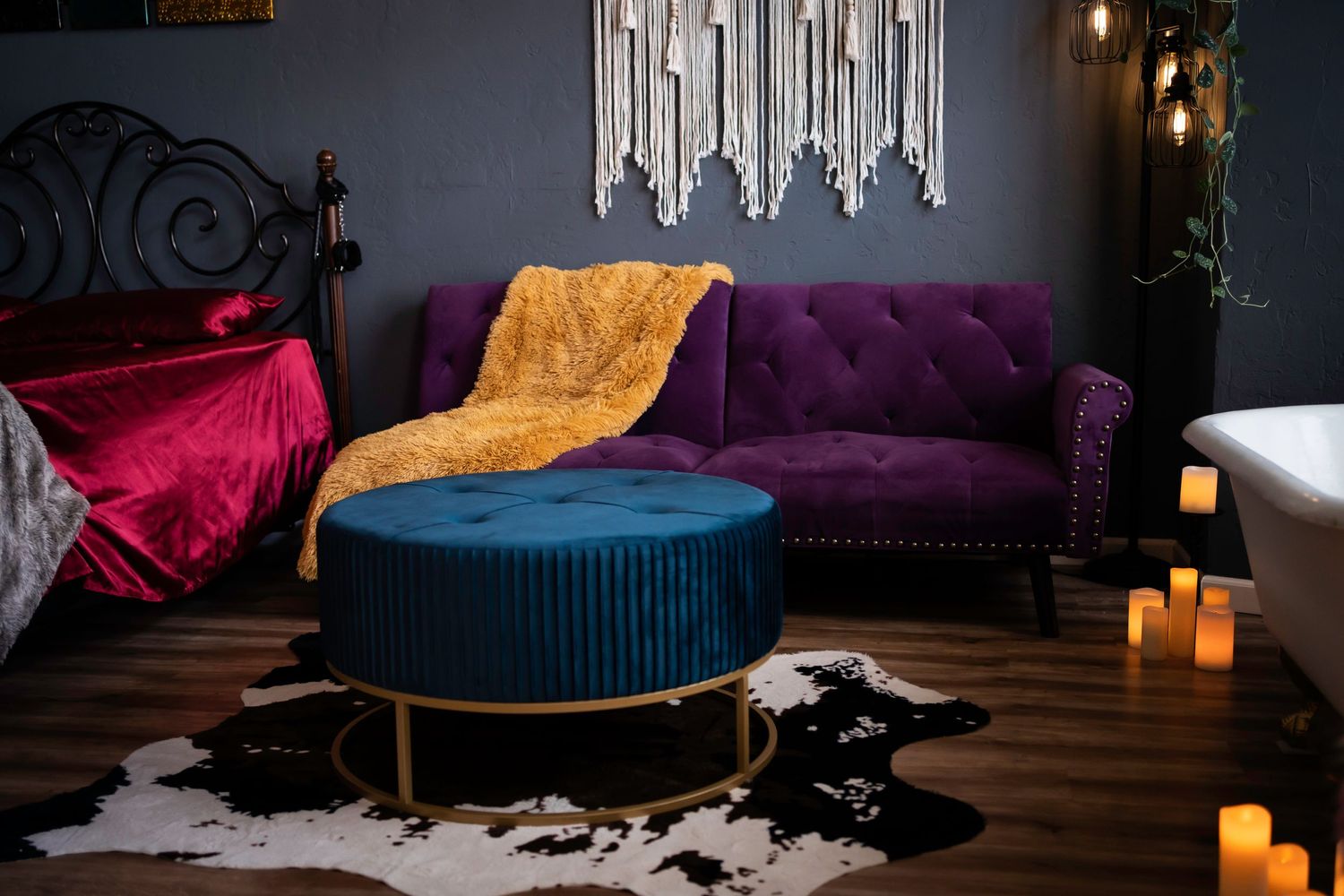 purple couch with blue ottoman