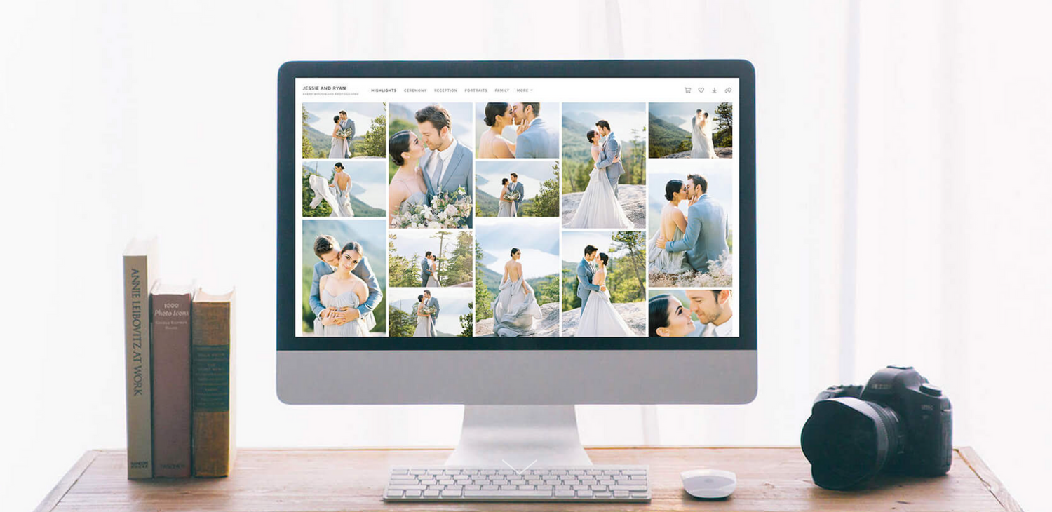 Multiple digital devices display photo galleries and editing software in a clean white workspace.