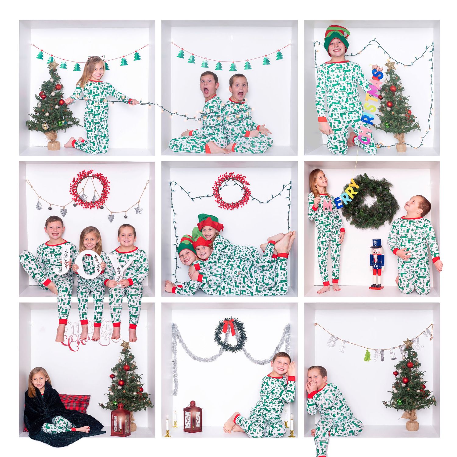 Holiday photo collage with matching Christmas pajamas and decorations in white frames.