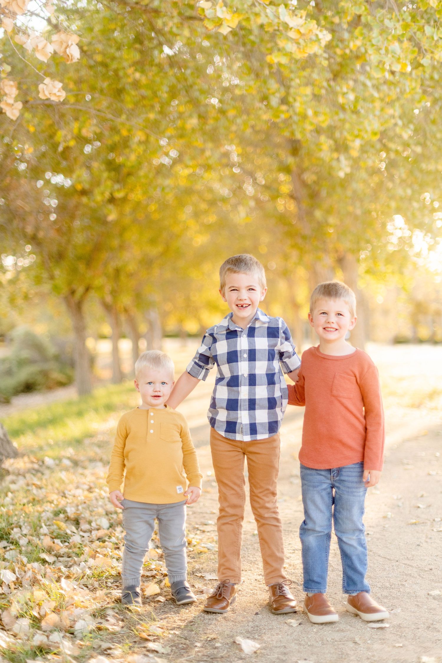 Three children stand together on a path surrounded by golden fall trees.