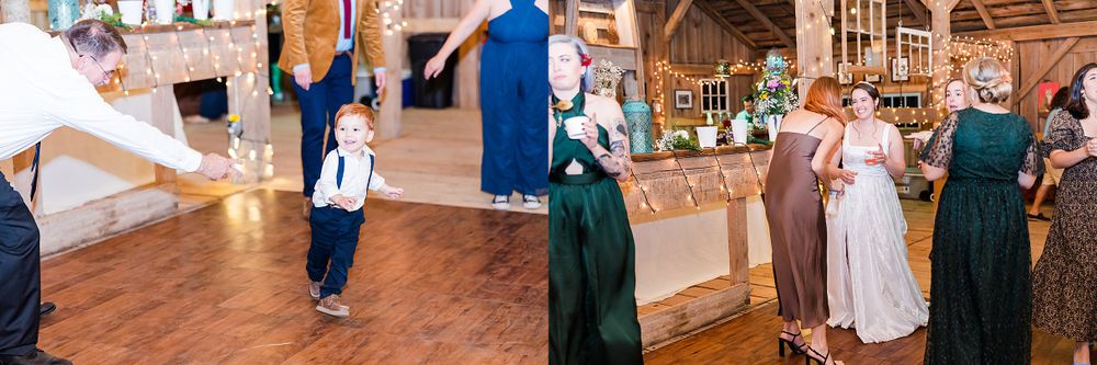 Dancing and celebration moments on wooden dance floor at rustic barn reception.