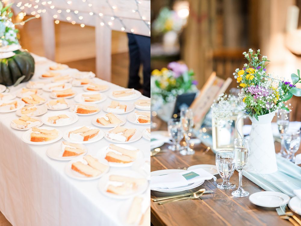 Wedding reception details featuring appetizer plates and floral table centerpieces.