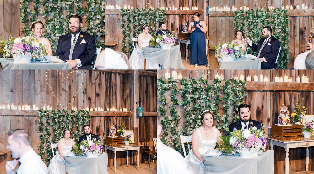 Wedding reception moments in a rustic barn with greenery wall backdrop and candlelight.