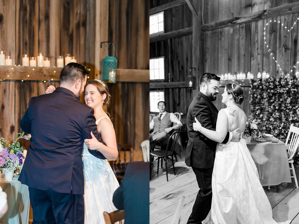 A couple dancing in a rustic barn venue with string lights and wooden walls.