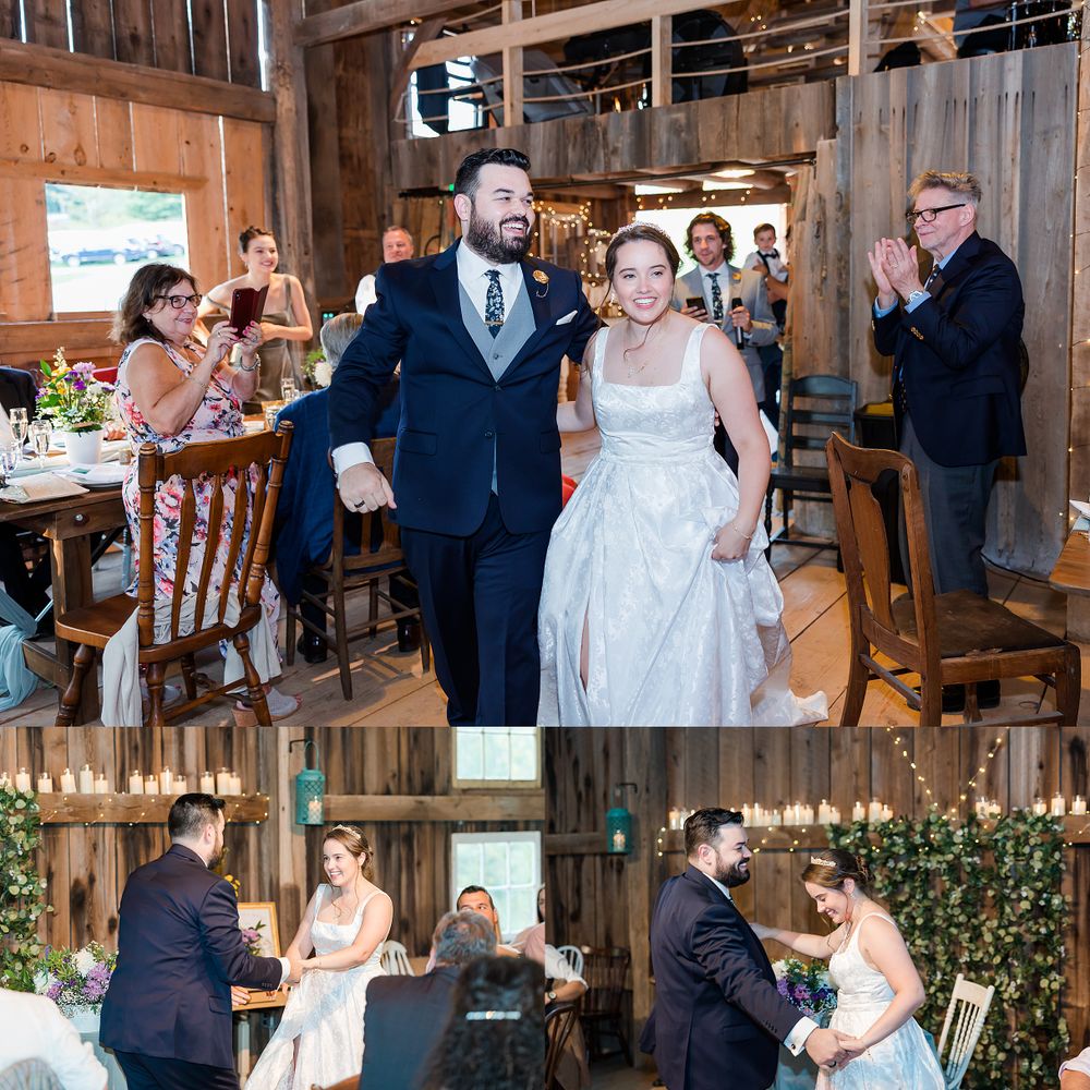 Wedding celebration candid moments in a rustic wooden barn venue.