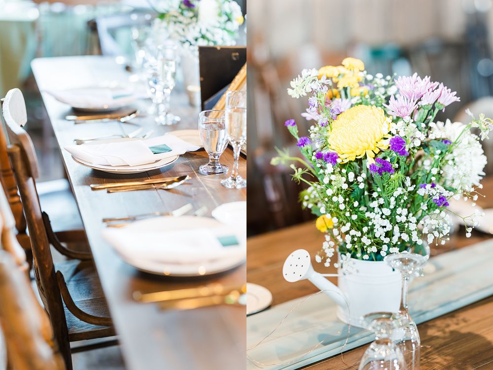 Split view of rustic wedding table settings with delicate floral arrangements in white vases.