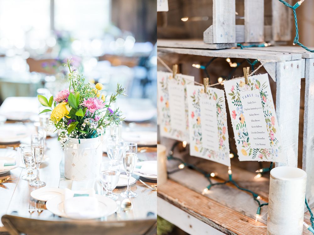 Wedding reception table settings with wildflower centerpieces and rustic wooden crate displays.