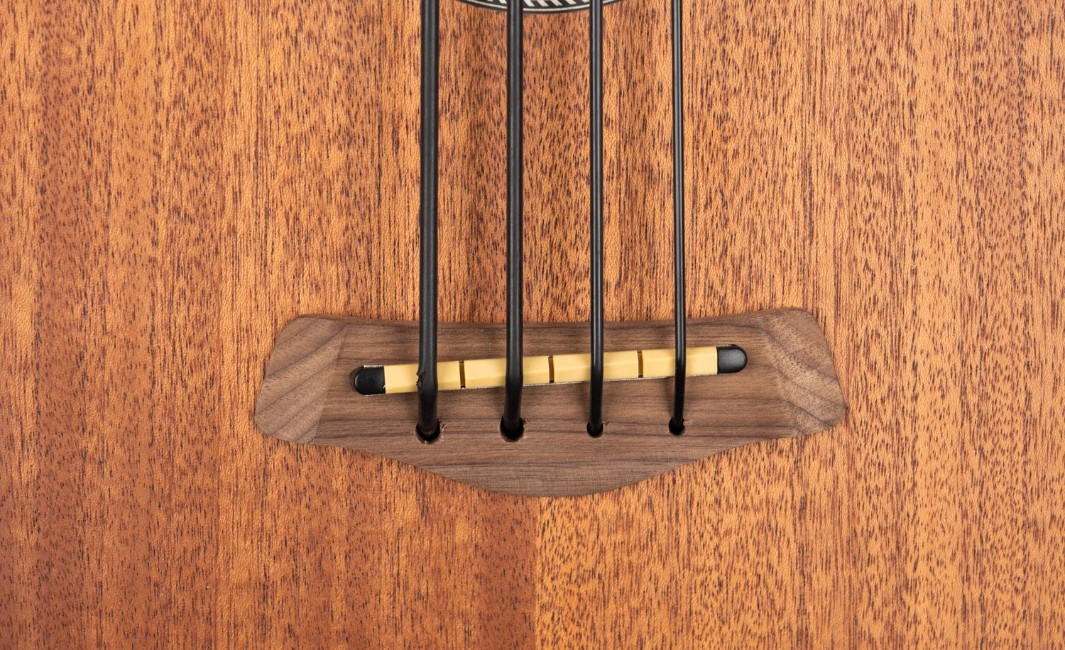 Detailed view of wooden bridge saddle with four string slots on acoustic bass guitar.