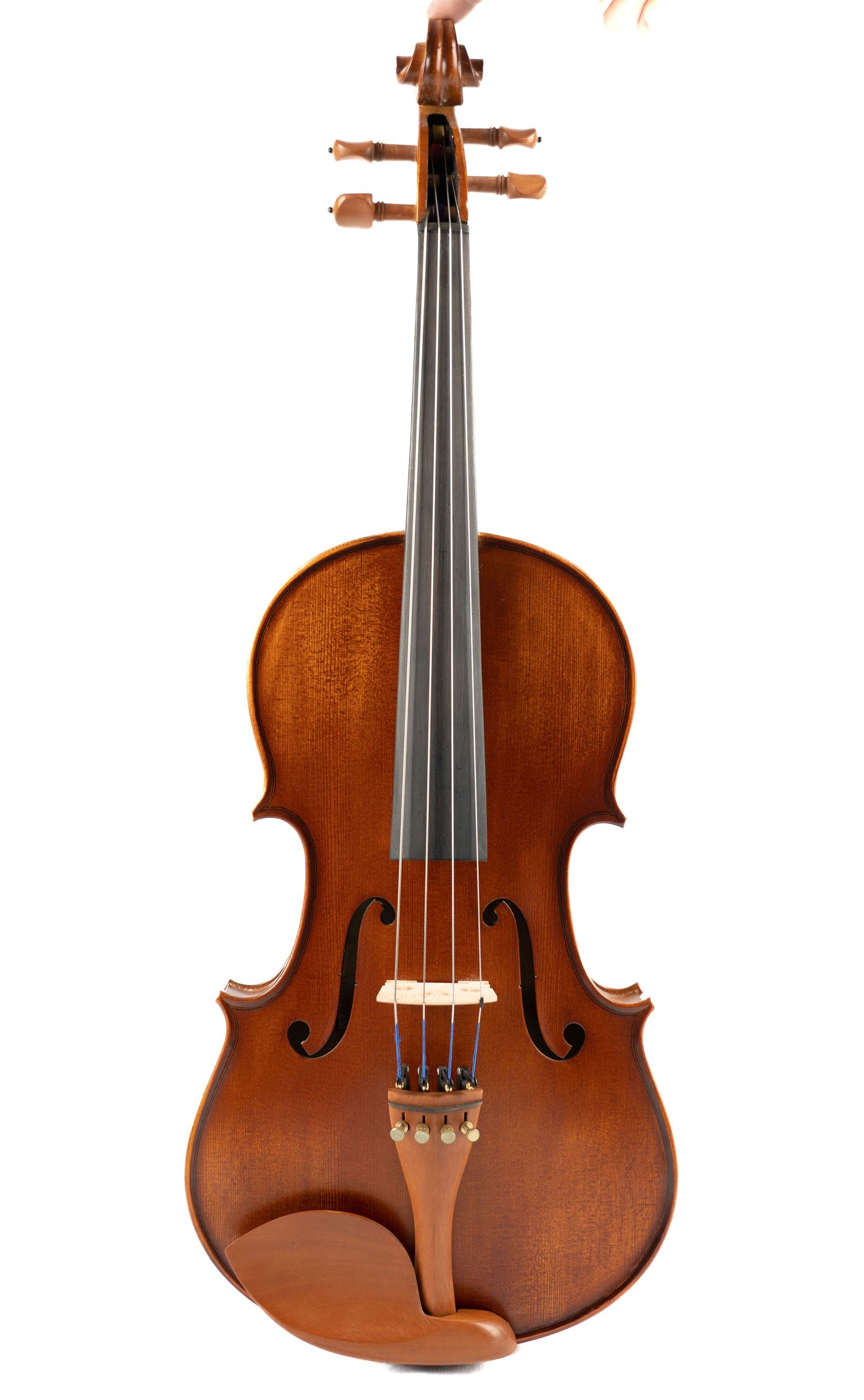 Classical violin with wooden finish and traditional f-holes against white background.