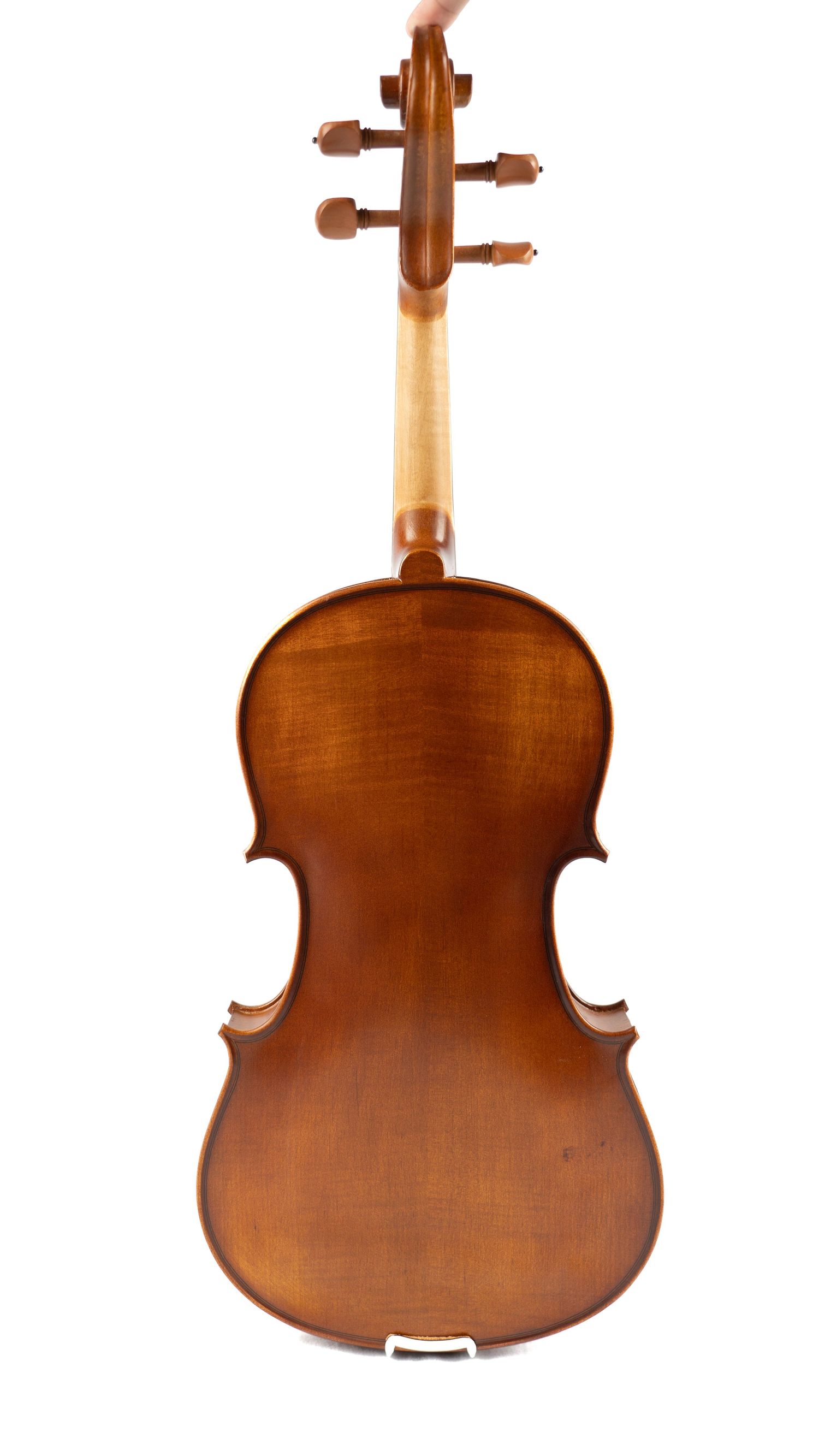 Back view of polished wooden violin showing grain pattern and curves against white background.