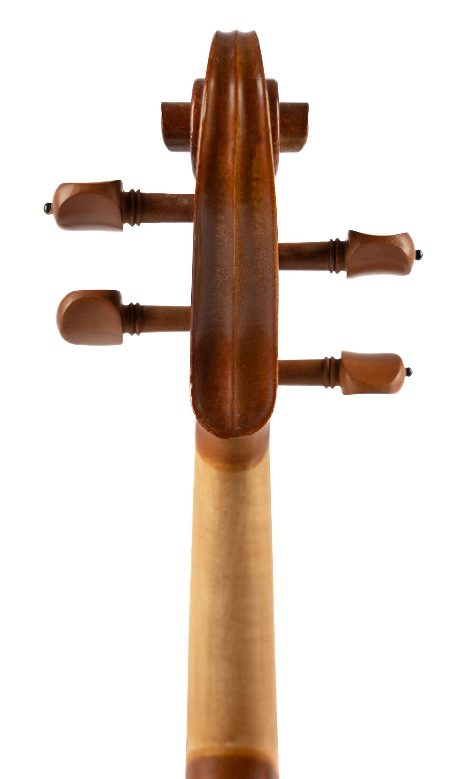 Close-up of violin pegbox and tuning pegs showing detailed wooden craftsmanship.
