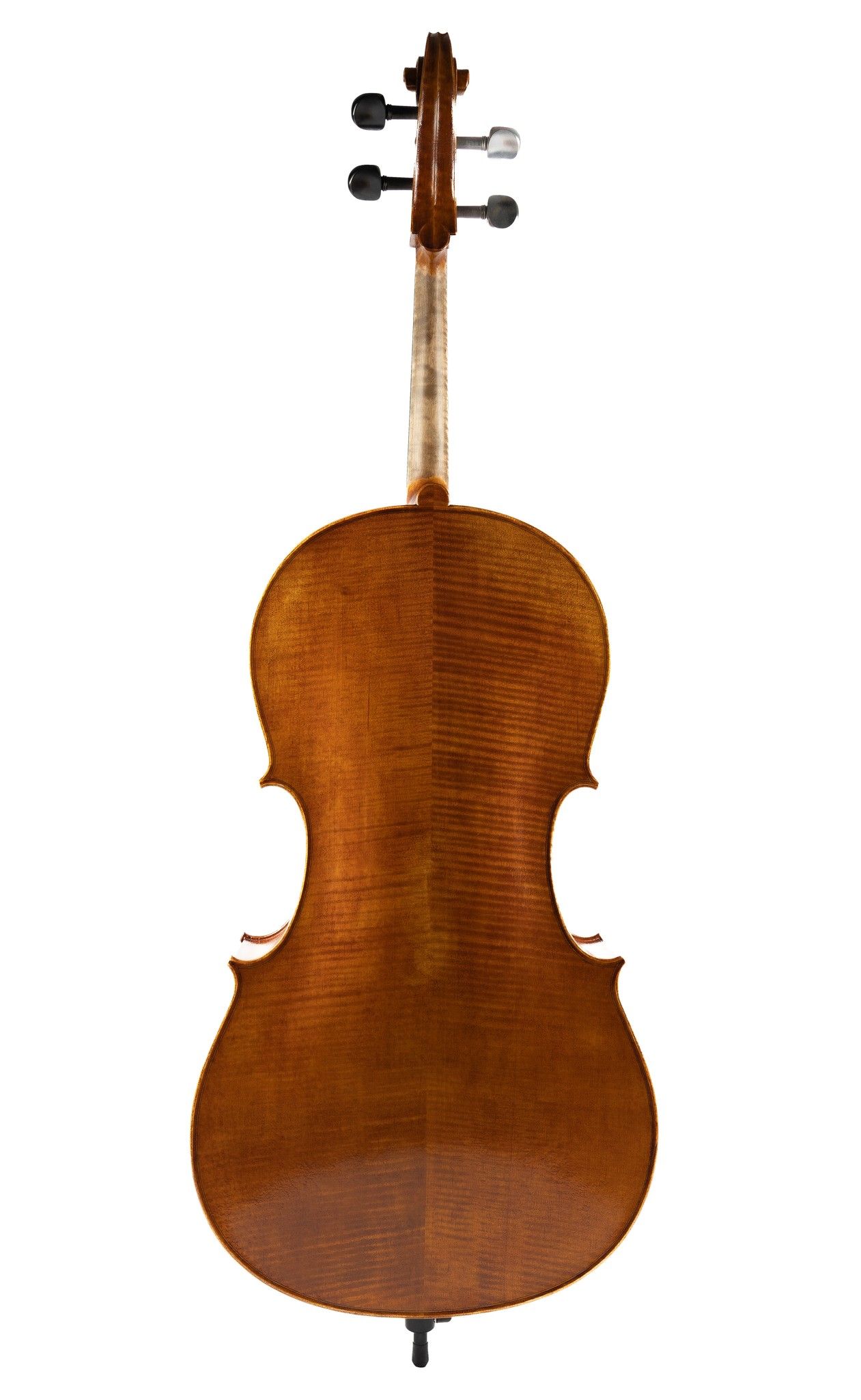 Back view of a polished wooden cello showing its rich honey-colored finish.
