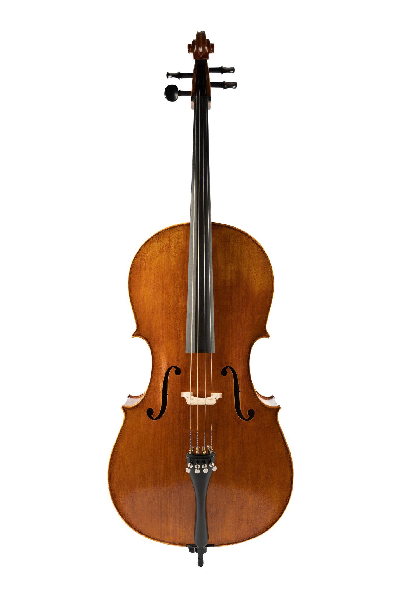 Full length view of a classical cello with rich brown wood finish against white background.
