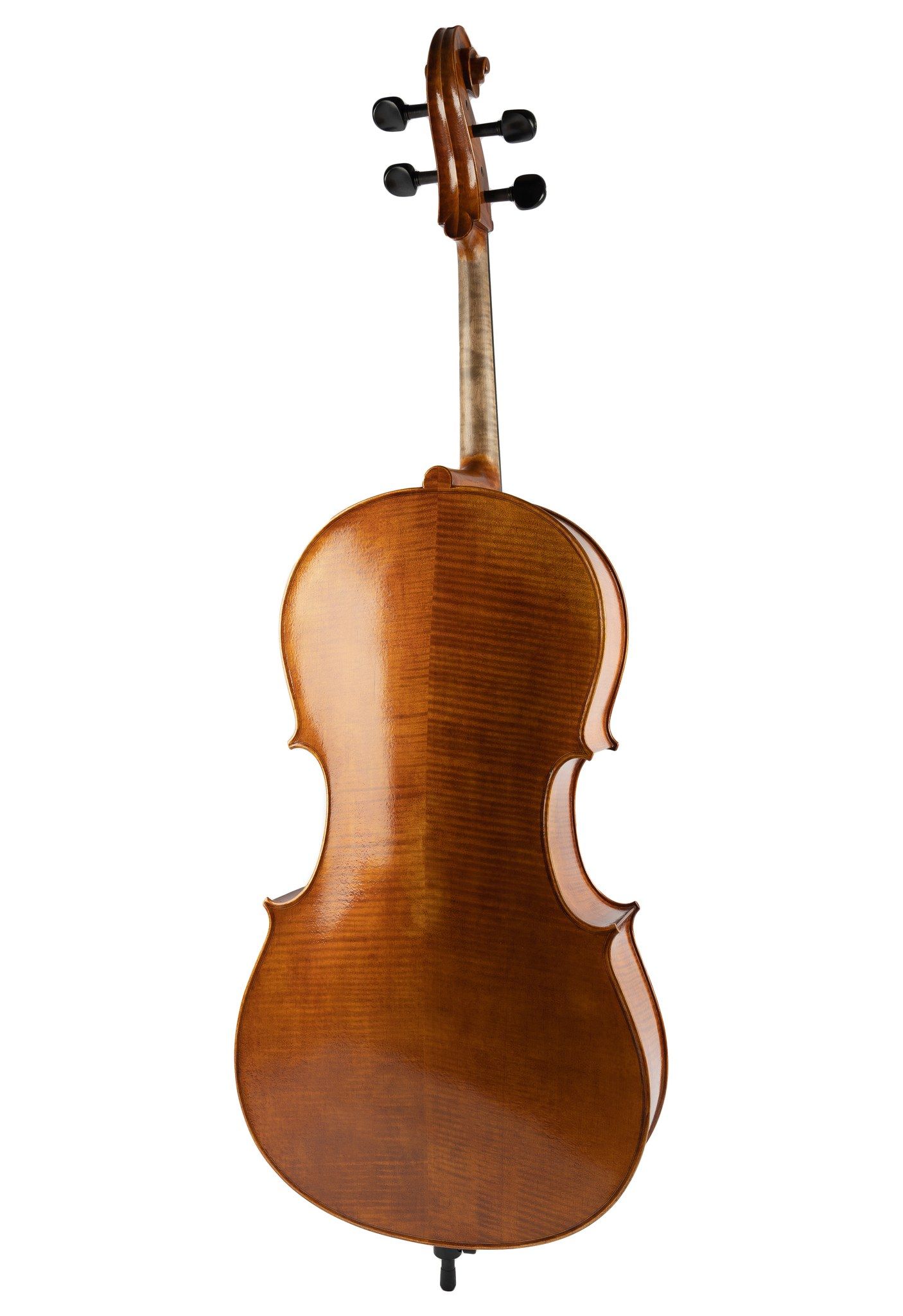 Side view of an elegant violin or viola showing its curved wooden body and fine craftsmanship.