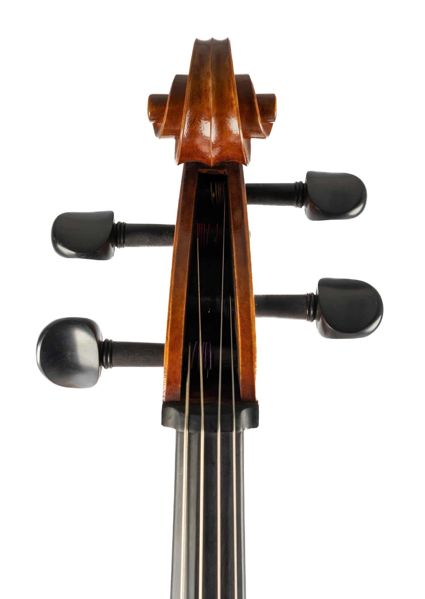 Close-up of cello scroll and tuning pegs showing detailed craftsmanship.