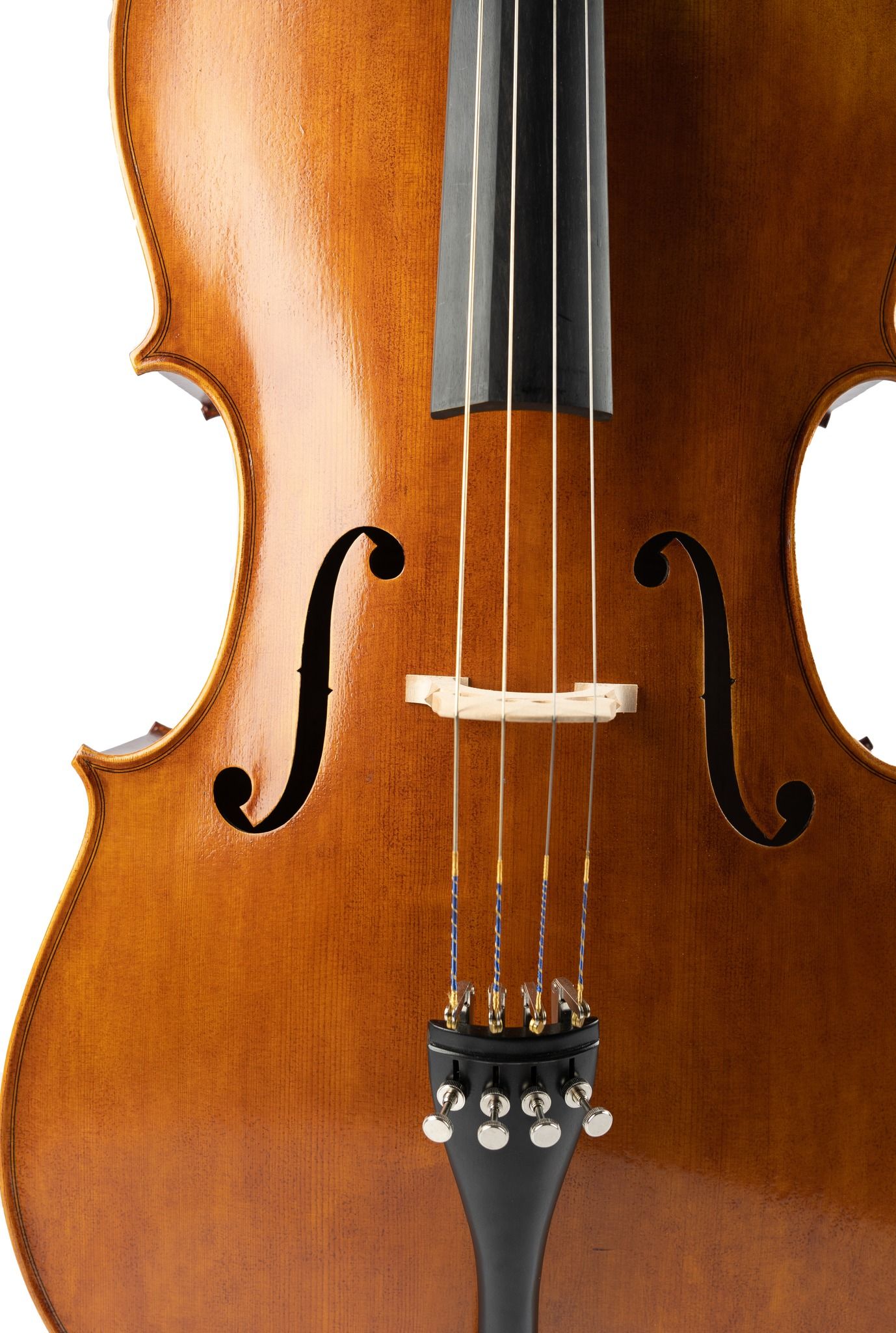 Detail shot of violin body showing f-holes, bridge and strings against white background.