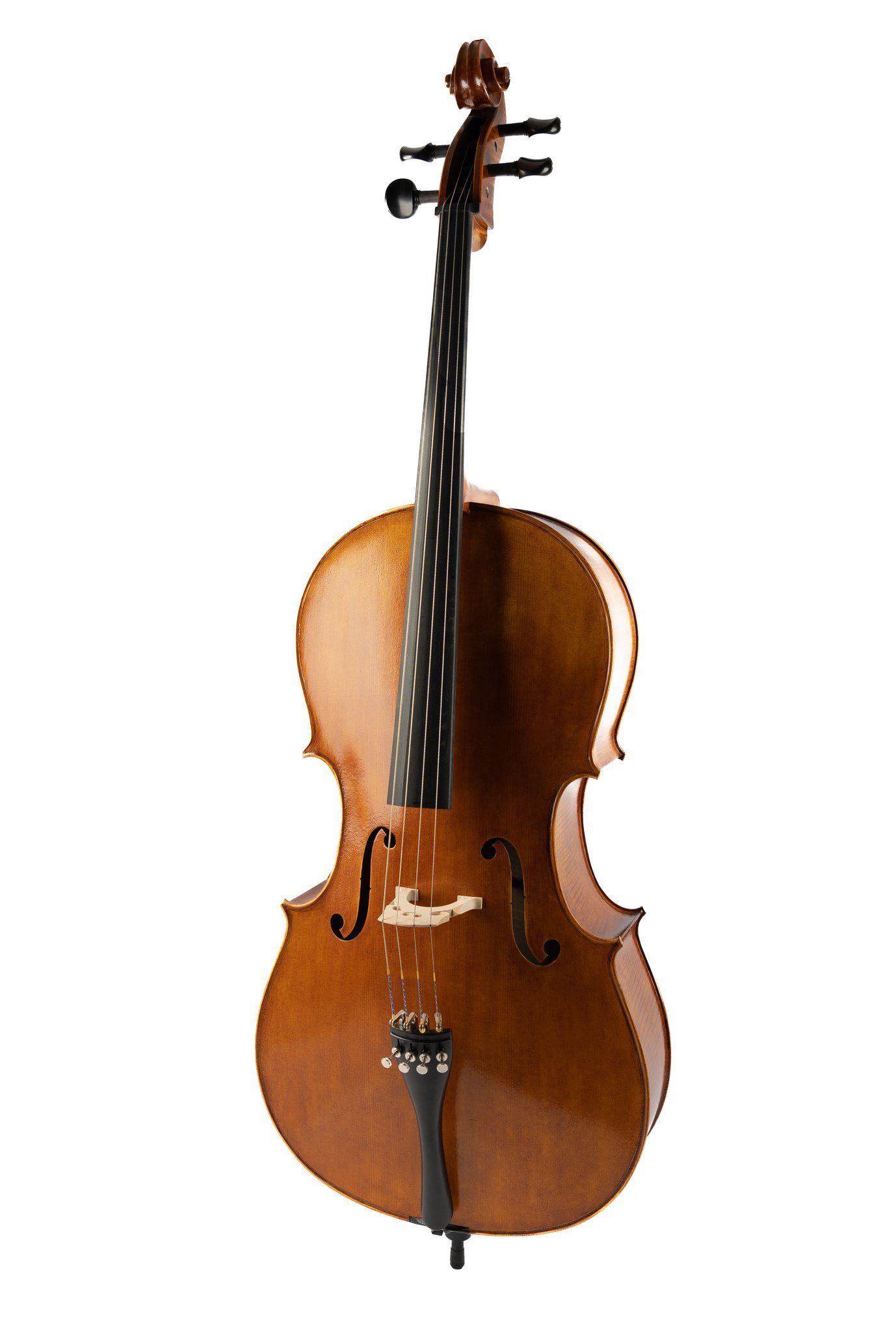 Full length view of classical wooden cello instrument standing upright against white background.
