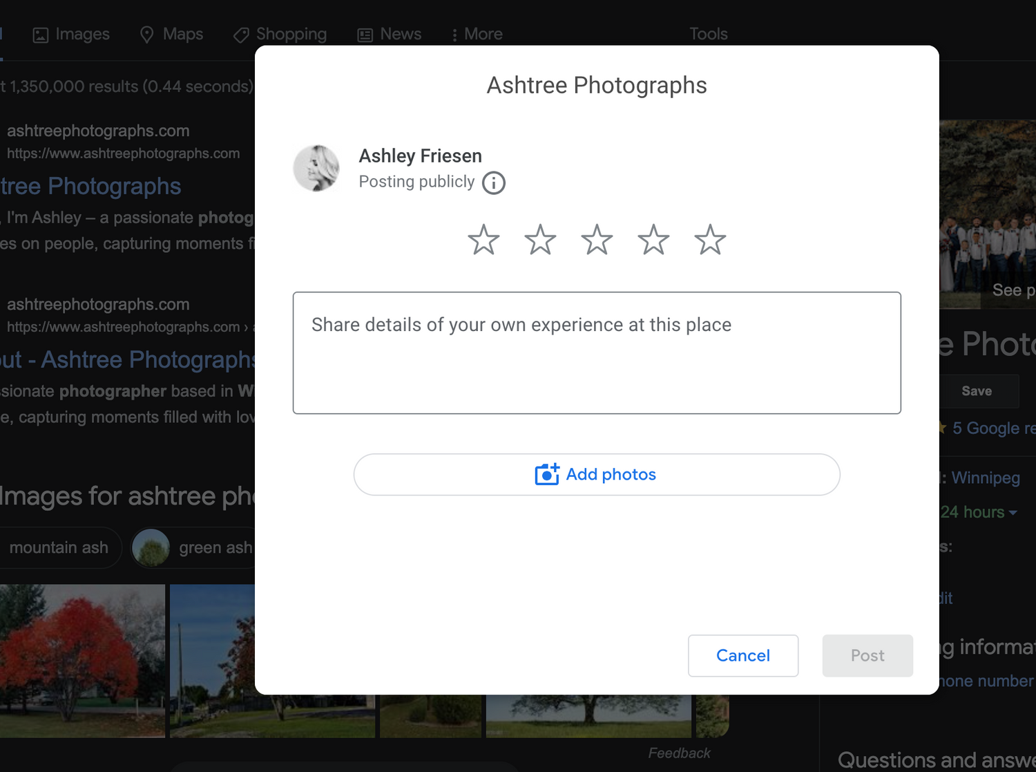 Google review form for Ashtree Photographs with star rating and text field by Ashley Friesen.
