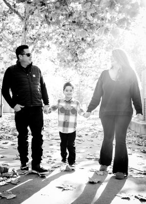 family portrait outdoors black and white
