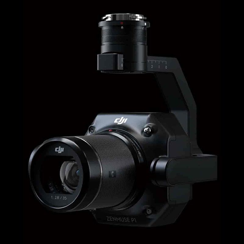 Close-up of a DJI professional camera gimbal system against black background.