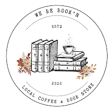 Vintage style circular logo design for local coffee and book store with hand-drawn book illustration.