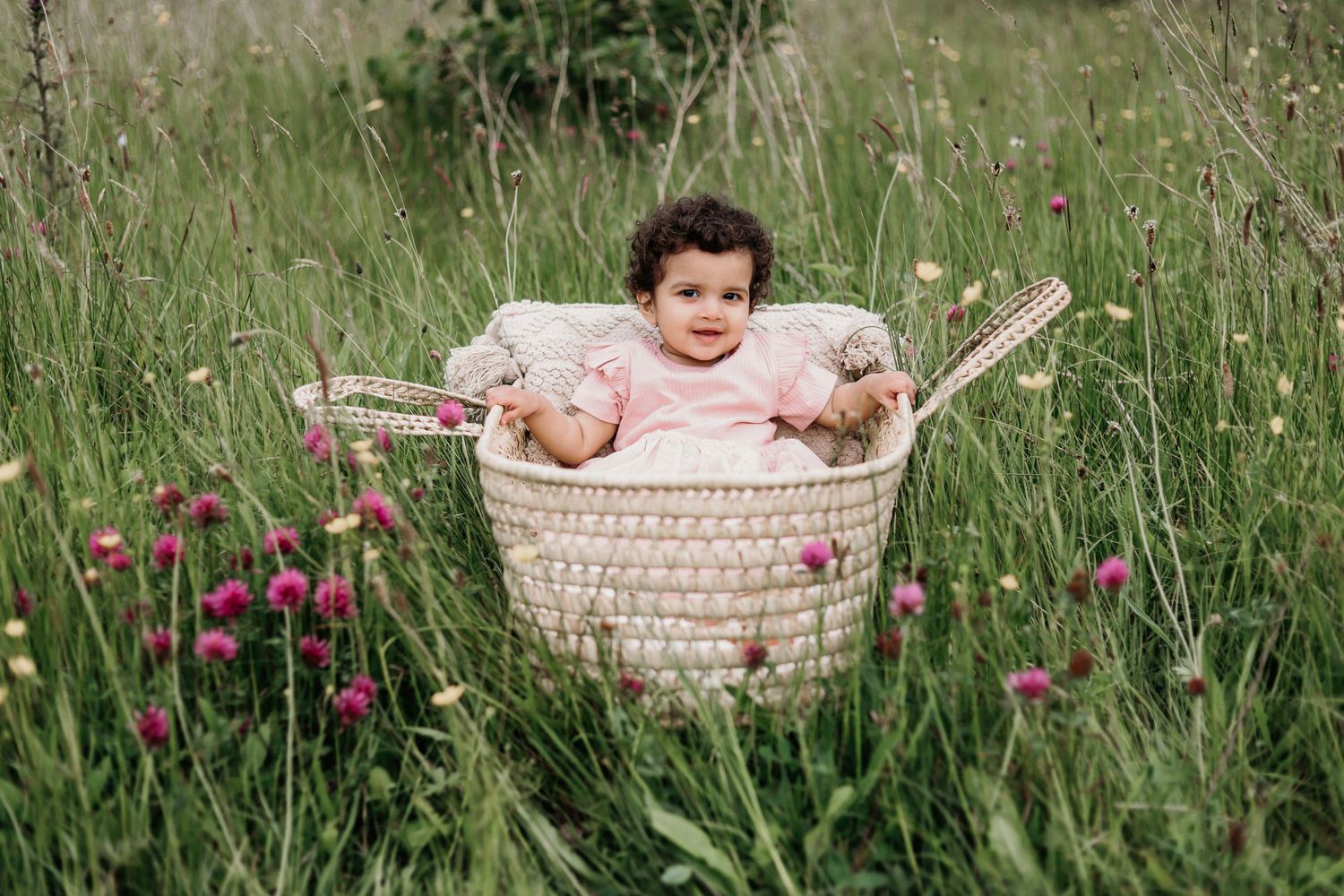 baby girl in a basket in a meadow