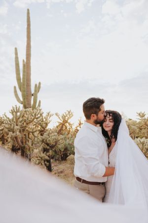 Wedding couple poses for romantic photos in a serene desert setting with towering saguaro cacti.