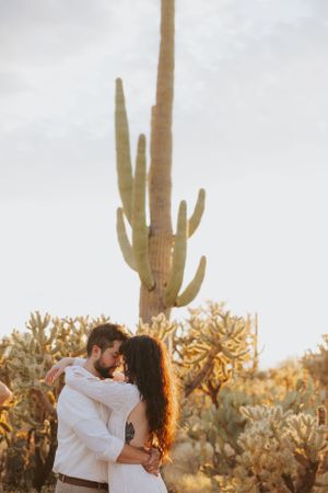 An intimate wedding moment captured among desert flora during sunset.