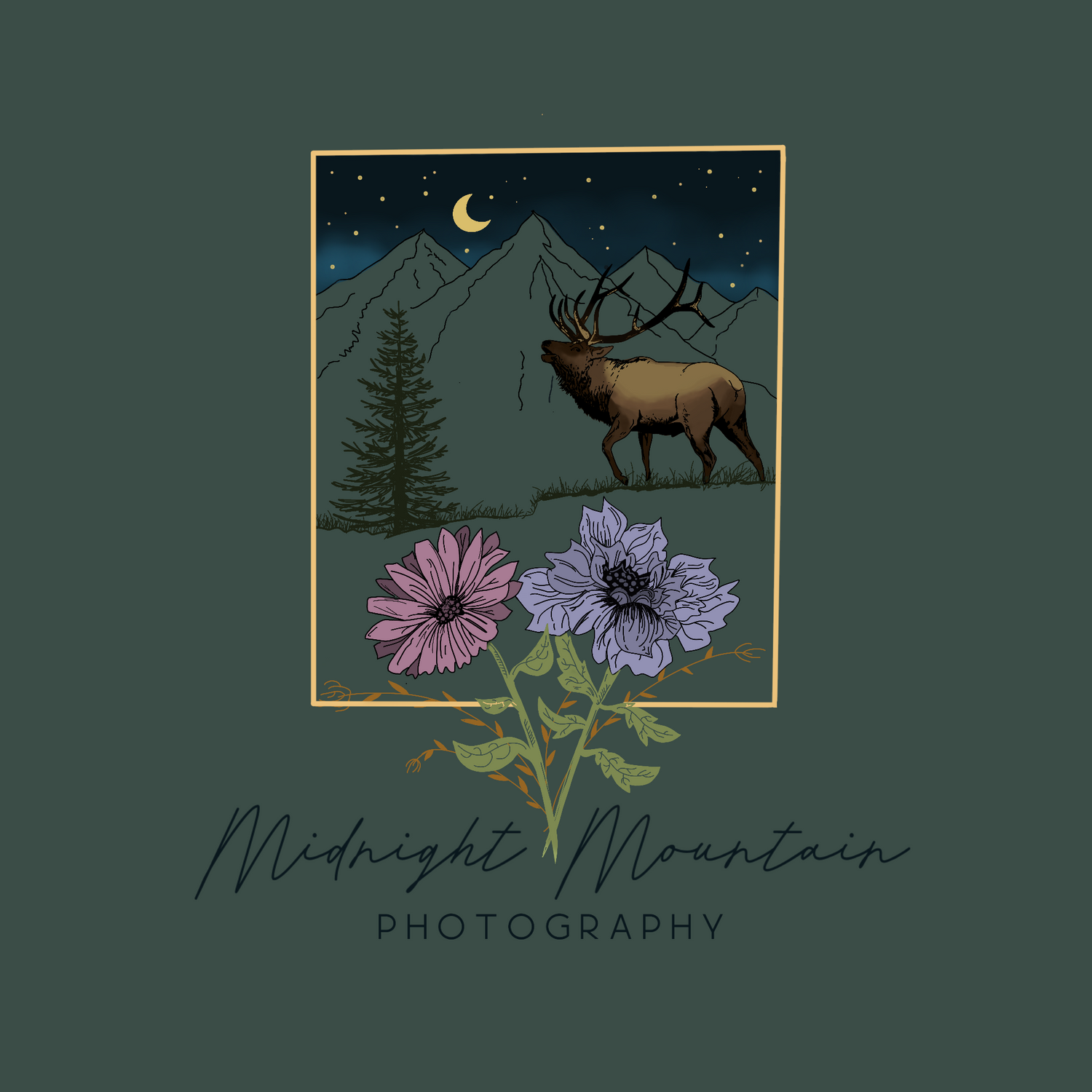 Midnight Mountain Photography logo with elk, mountains, moon, and flowers on green.