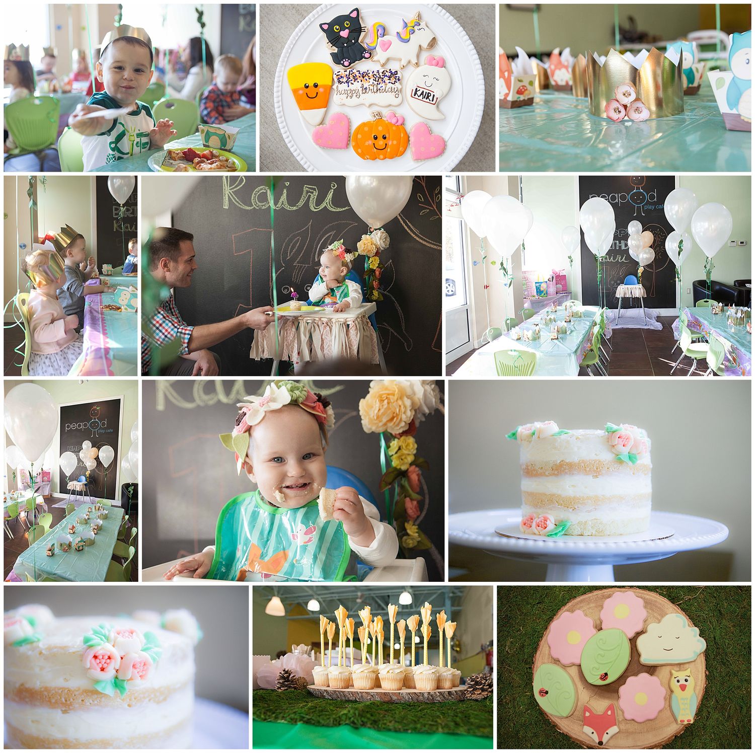 A collage of birthday party decorations and celebrations with cakes, balloons and festive details.