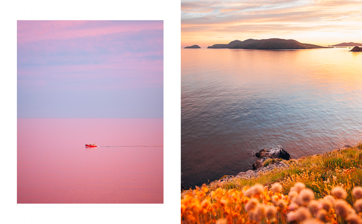 Collection of coastal sunset photographs with pink and orange hues over calm waters.