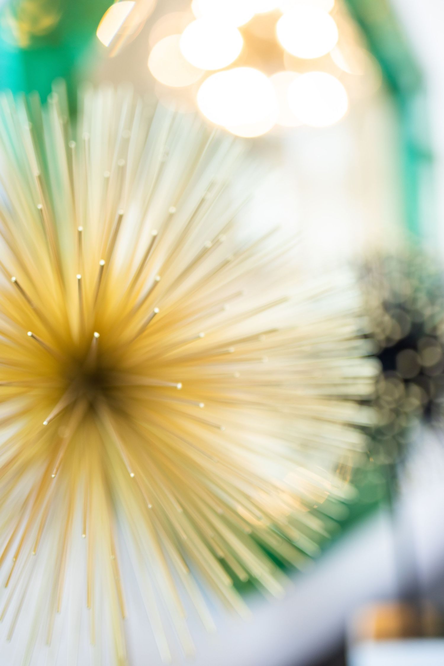 Macro shot of a white dandelion-like decoration with radiating spikes against a blurred background.