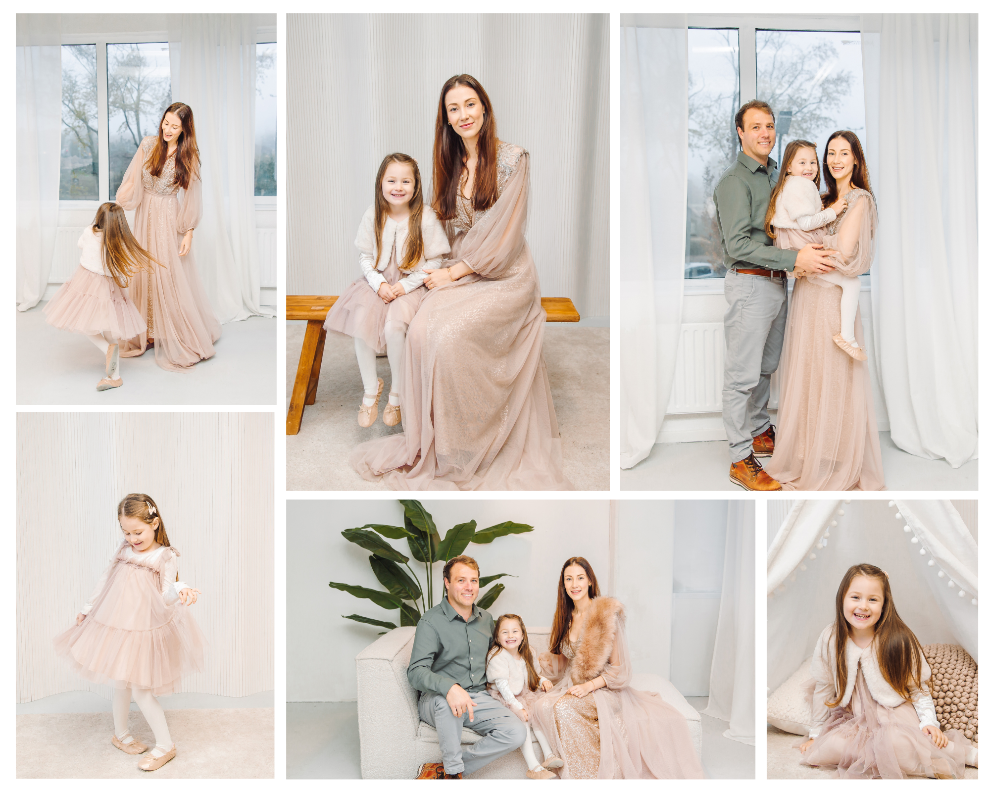 Lifestyle familieshoot in studio – elite sfeer met prachtige bloementaart jurk, elegant en vol warmte vastgelegd.