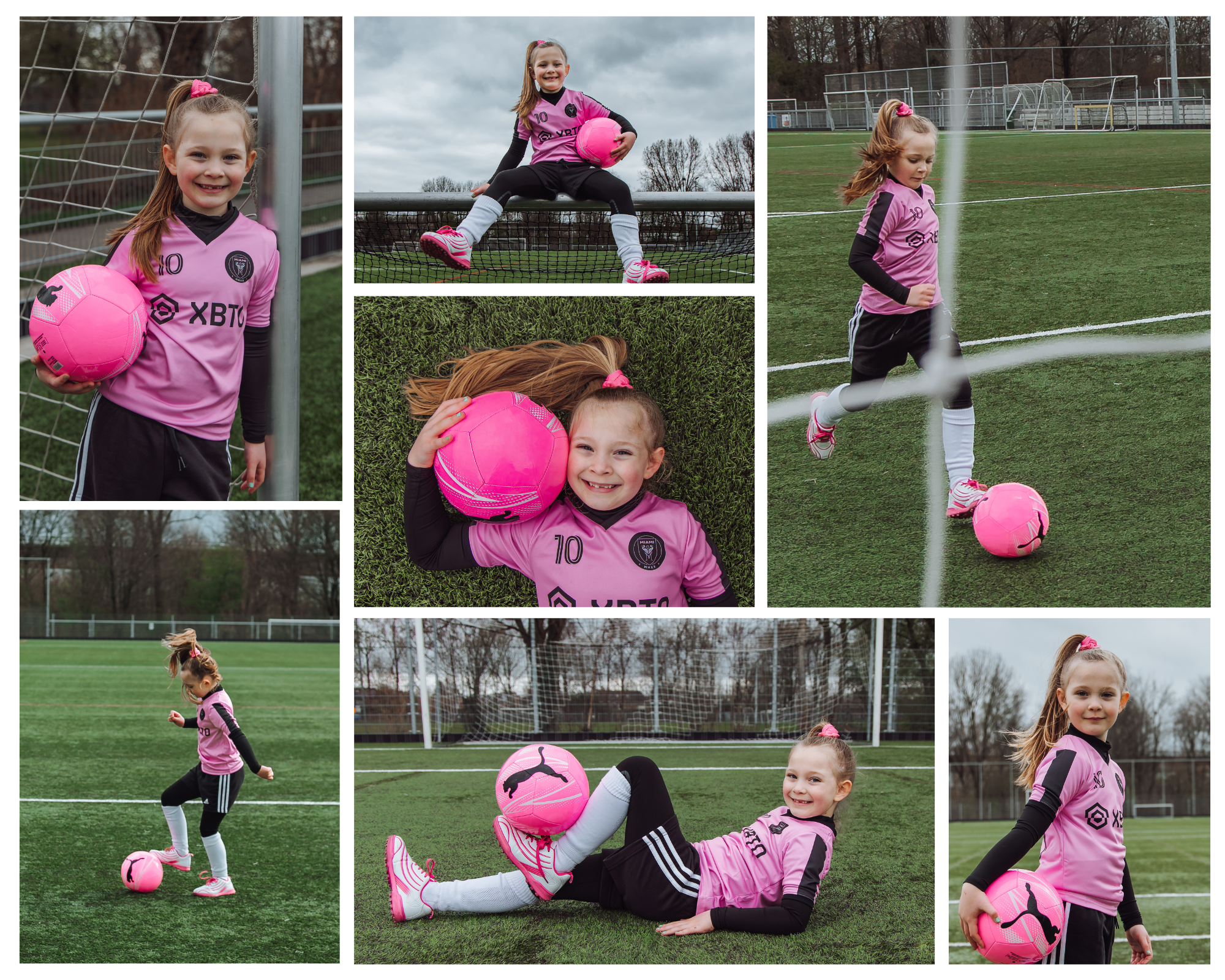 Pink football photoshoot in Woerden, Netherlands, girl inspired by Messi style, fun and creative kids photography.