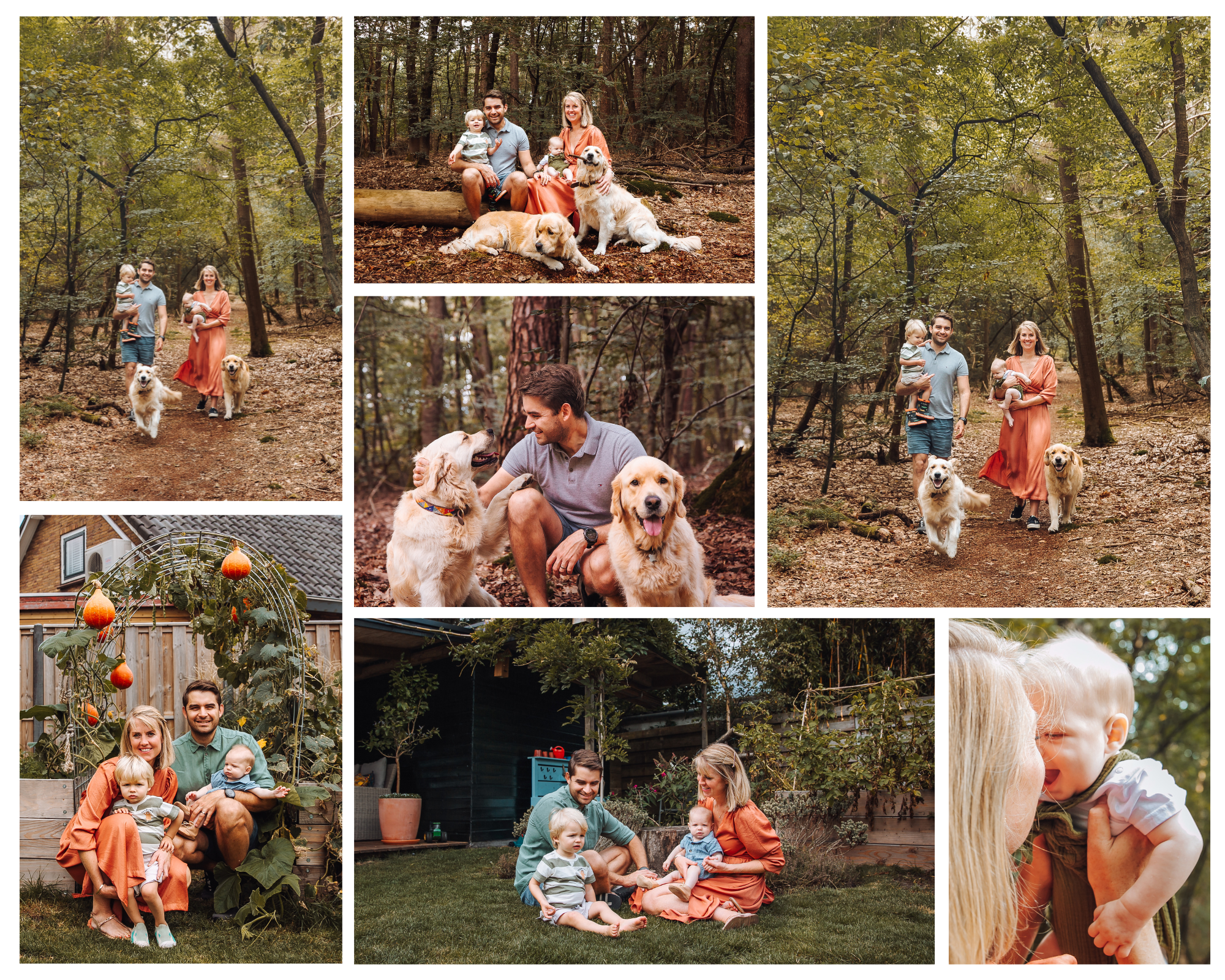 Family photoshoot with dogs in Hoenderloo, Netherlands, outdoor lifestyle session with pets in nature.