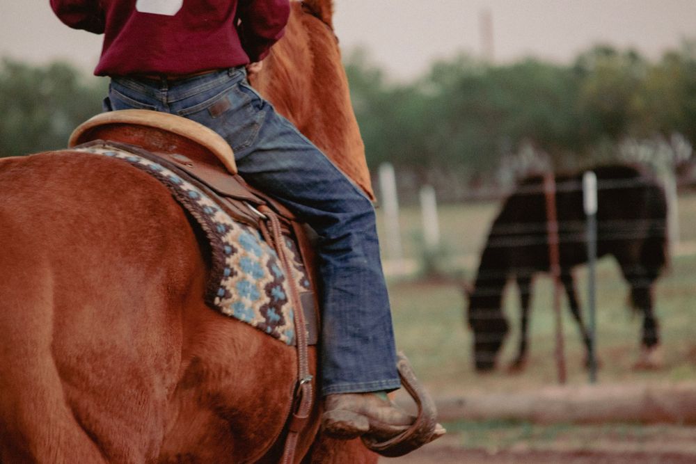 A rider on a chestnut horse with decorated western tack sits in a saddle while another horse grazes in the background.