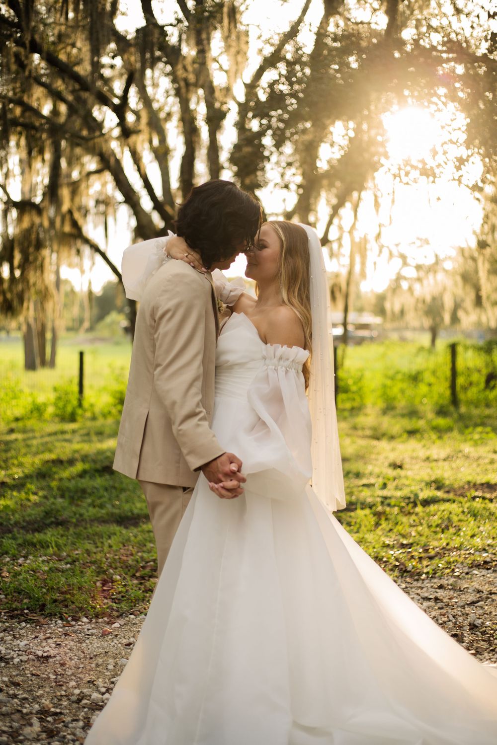 Newlyweds share an intimate moment beneath moss-draped trees at sunset in their wedding attire.