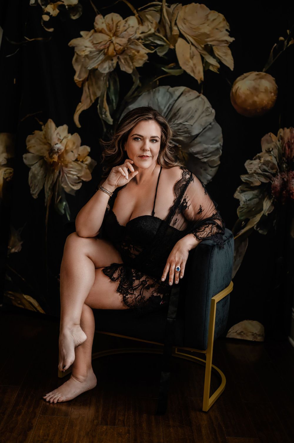 3. "Beautiful boudoir portrait with soft lighting, highlighting the subject’s natural beauty and grace.
