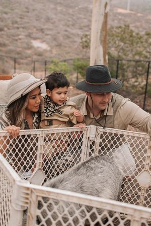 Visitors leaning over a metal fence to interact with farm animals below.