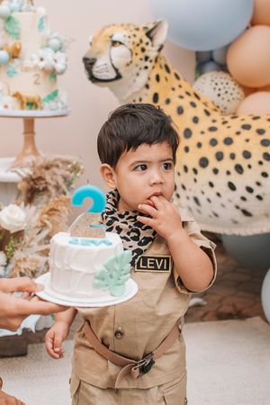 A safari-themed party setting with a child in khaki outfit and animal print decorations.