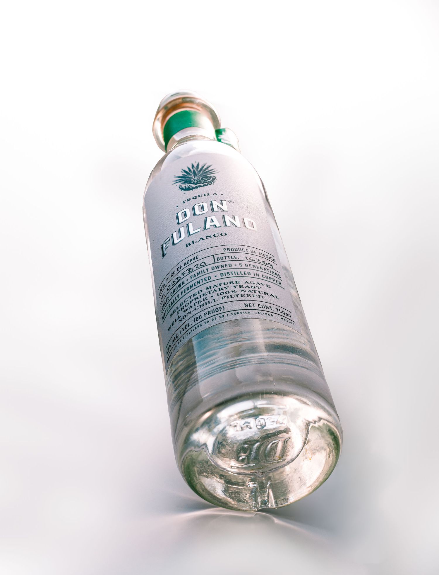 Tilted bottle of Don Fulano Blanco tequila