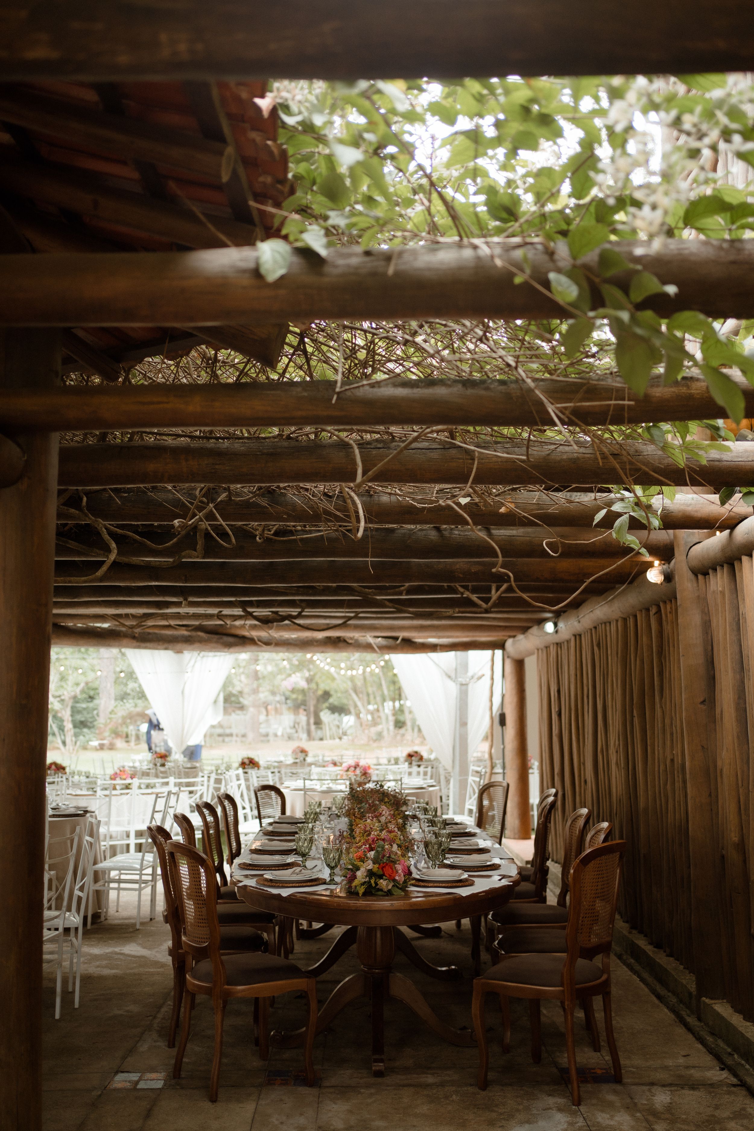 Rustic outdoor dining area with wooden beams and climbing vines creating natural shade.